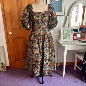 Victor Costa Multicolor Brocade Puff Sleeve Evening Dress